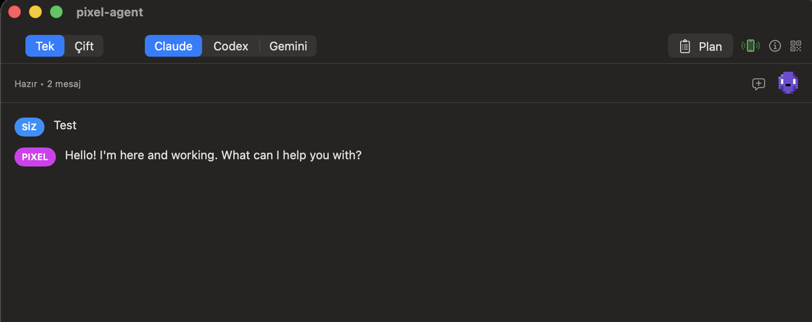 pixel-agent Mac chat view with mascot in the corner and Claude CLI replying